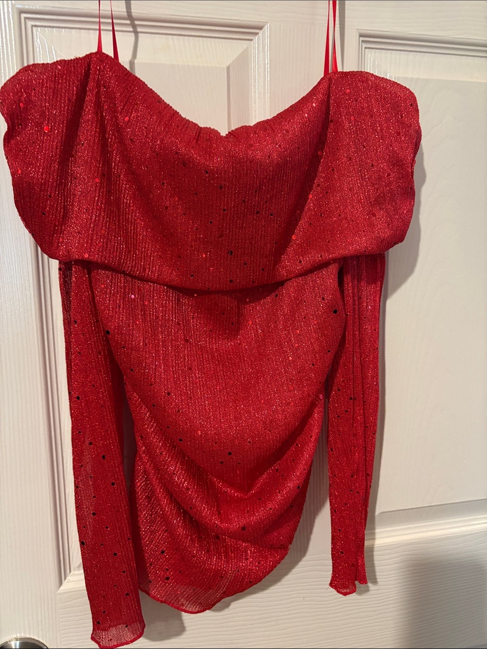 Red Sparkle Off-Shoulder Draped Blouse